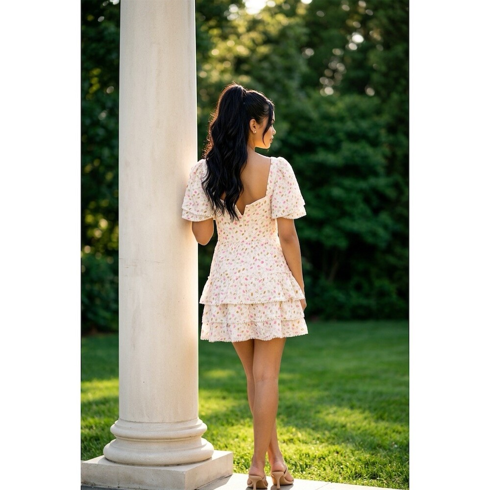 Just Me Floral Tiered Mini Dress Womens Size S Ivory Pink Puff Sleeve NWT - Picture 2 of 8